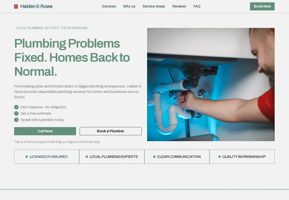 The Genius Plumbing template: a green headline reading “Plumbing Problems Fixed. Homes Back to Normal.” beside a photo of a plumber working under a sink.
