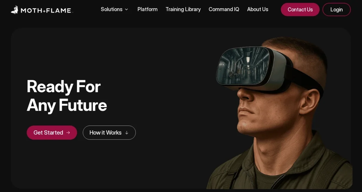 The Moth+Flame home page: a black hero reading “Ready For Any Future” beside a person wearing a VR headset.