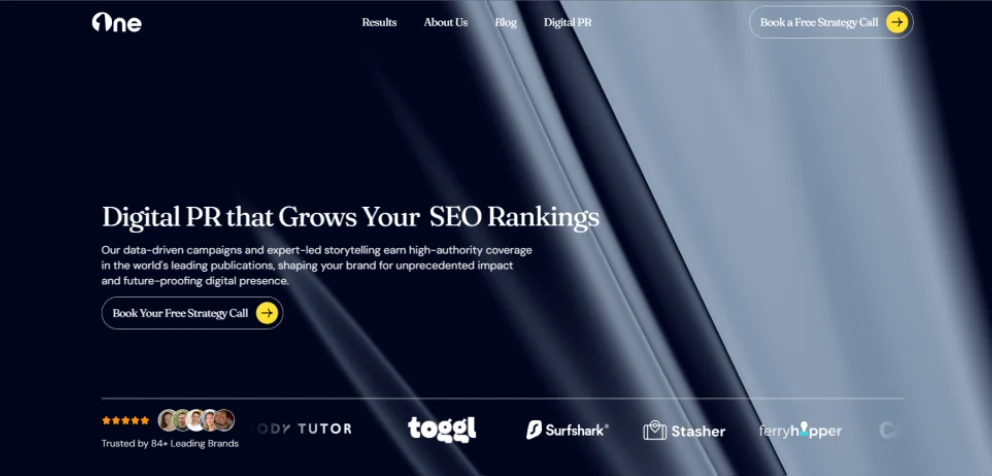 The One PR home page: a dark navy hero with the headline “Digital PR that Grows Your SEO Rankings” above a row of client logos.