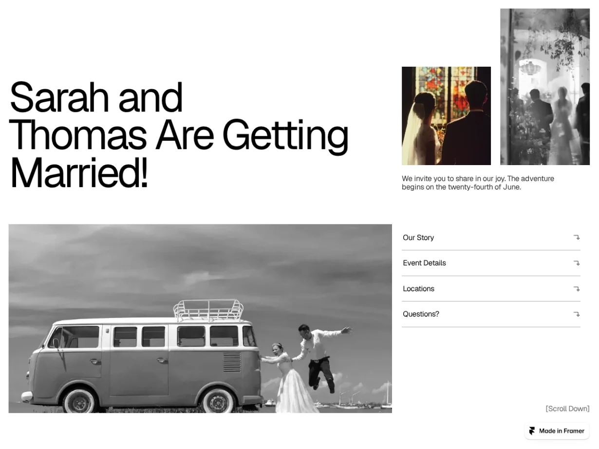 The Wedin wedding template: the headline “Sarah and Thomas Are Getting Married!” beside wedding photos and a short menu of sections.