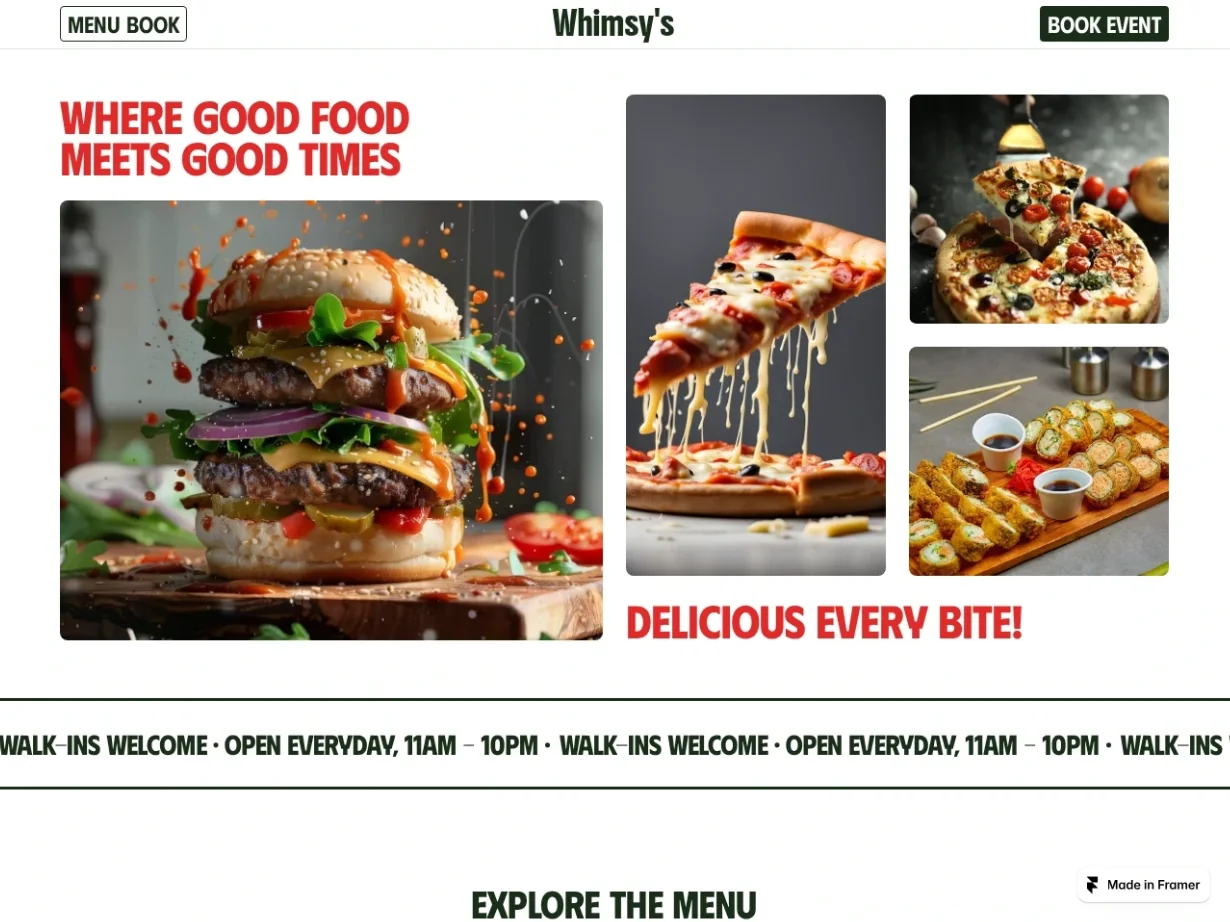 The Whimsy’s restaurant template: the headline “Where Good Food Meets Good Times” in red above photos of a burger, pizza and sushi.
